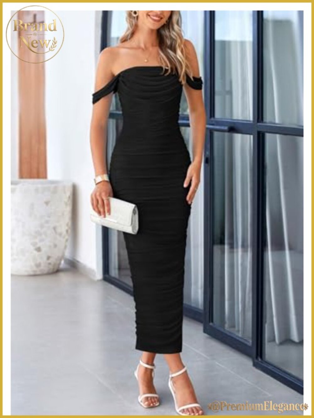 Women's Off Shoulder Maxi Dress Strapless Bodycon Mesh Ruched Backless - Picture 4 of 6